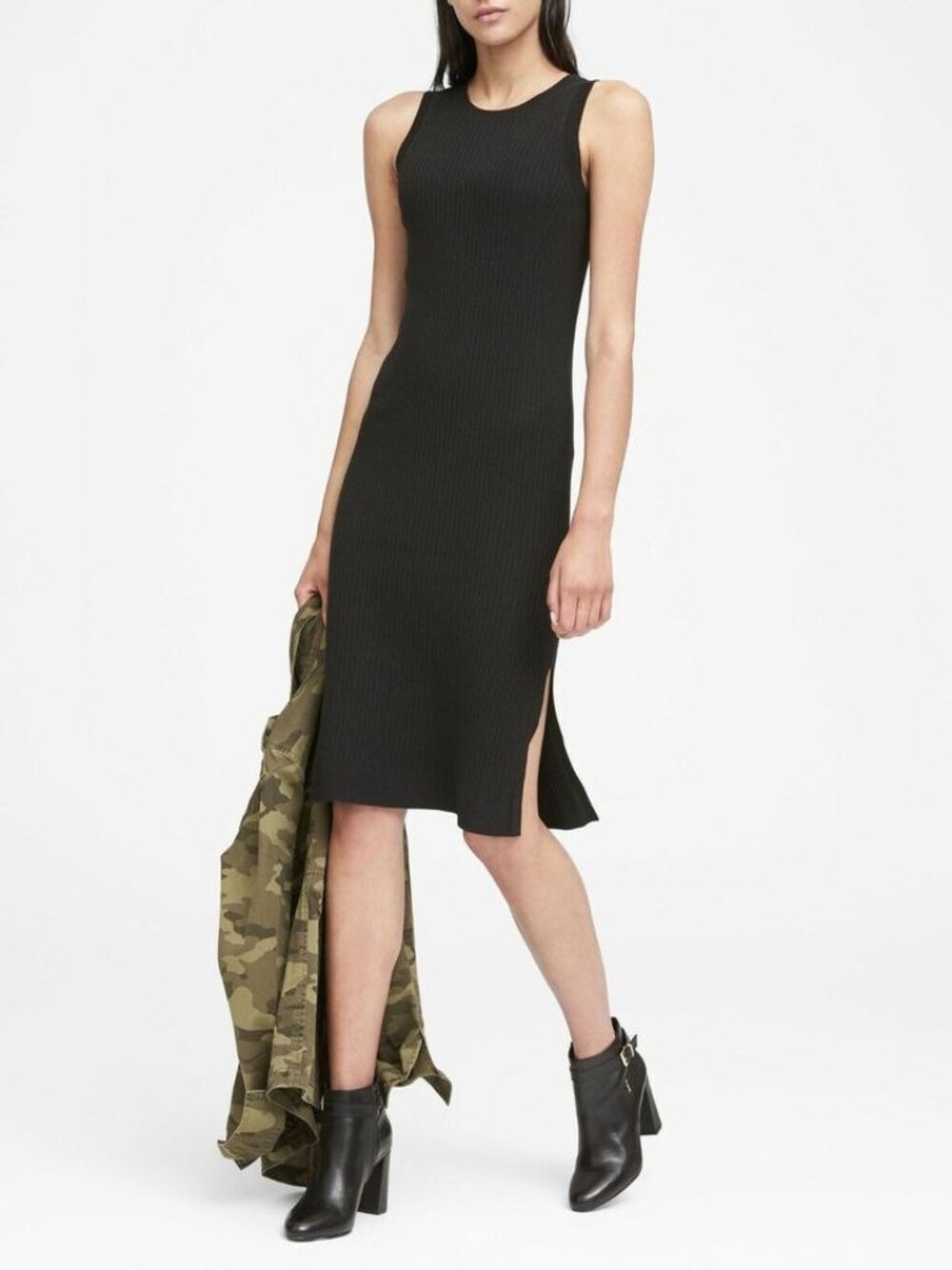 Banana Republic Black Ribbed Sleeveless Side Vent Knit Tank Dress Size Medium